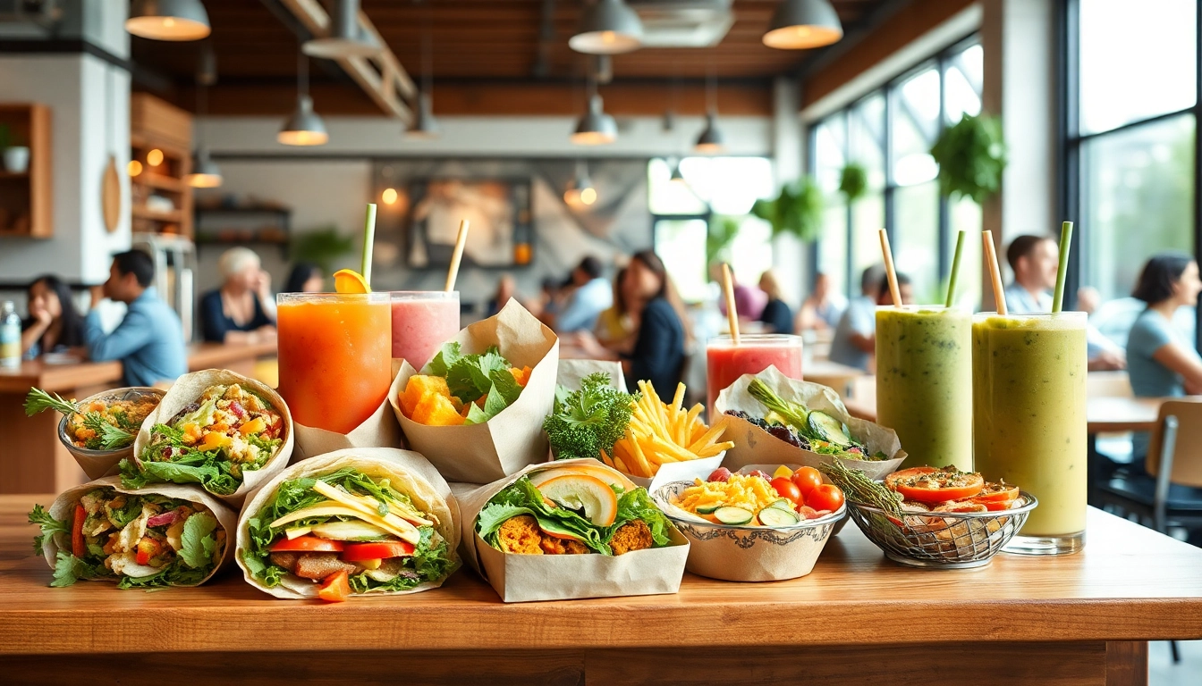 Grab-and-go meals Hamilton Ontario featuring vibrant salads and wraps in a modern cafe setting.