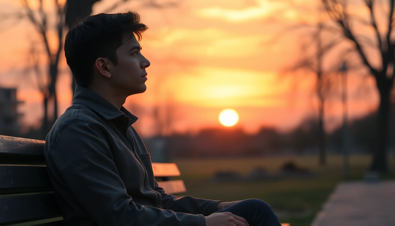 Capture of a thoughtful person reflecting on a relationship breakup in a serene park setting.