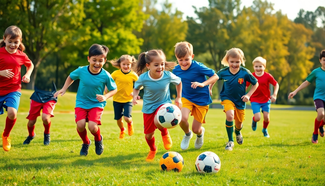Excited kids in colorful Kids Football Kits playing together on the field.