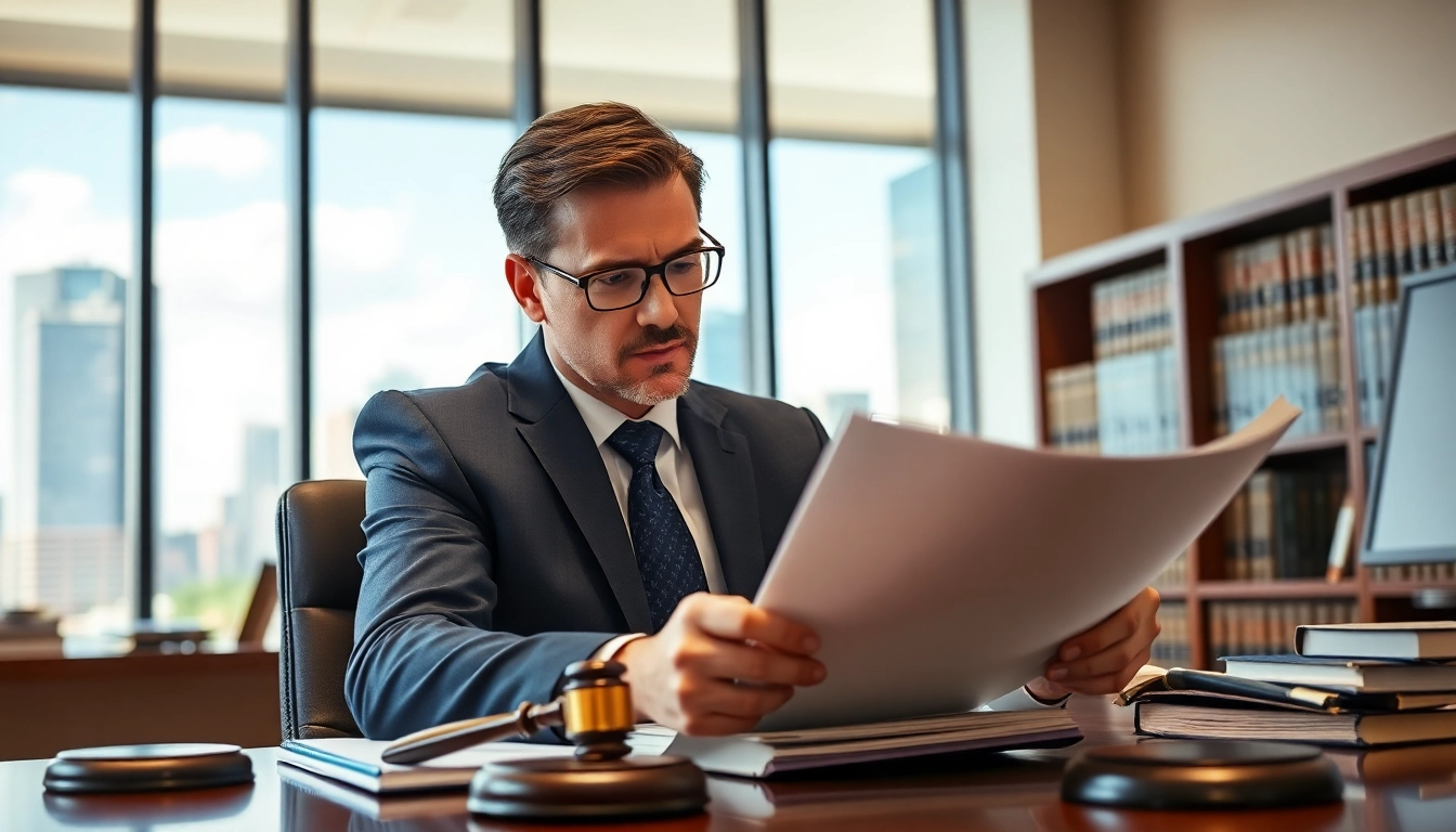 Tampa Criminal Attorney diligently reviewing case files in a stylish law office setting.