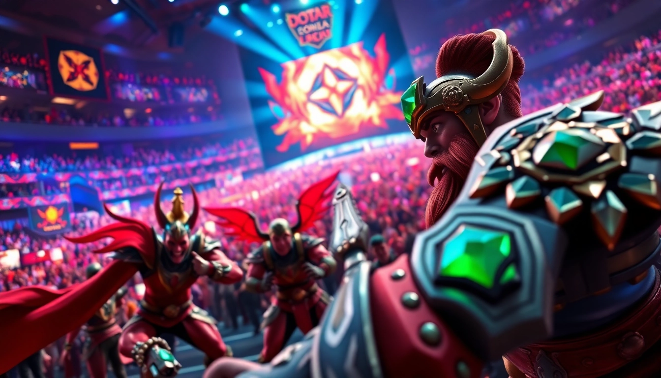Dota 2 heroes clashing in an intense esports arena, showcasing vibrant action.