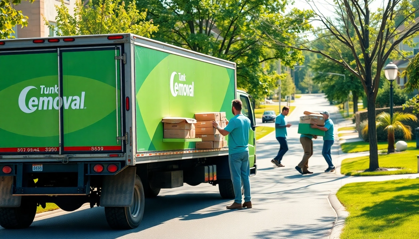 Efficient junk removal near me with a team loading items into a truck in a residential area.