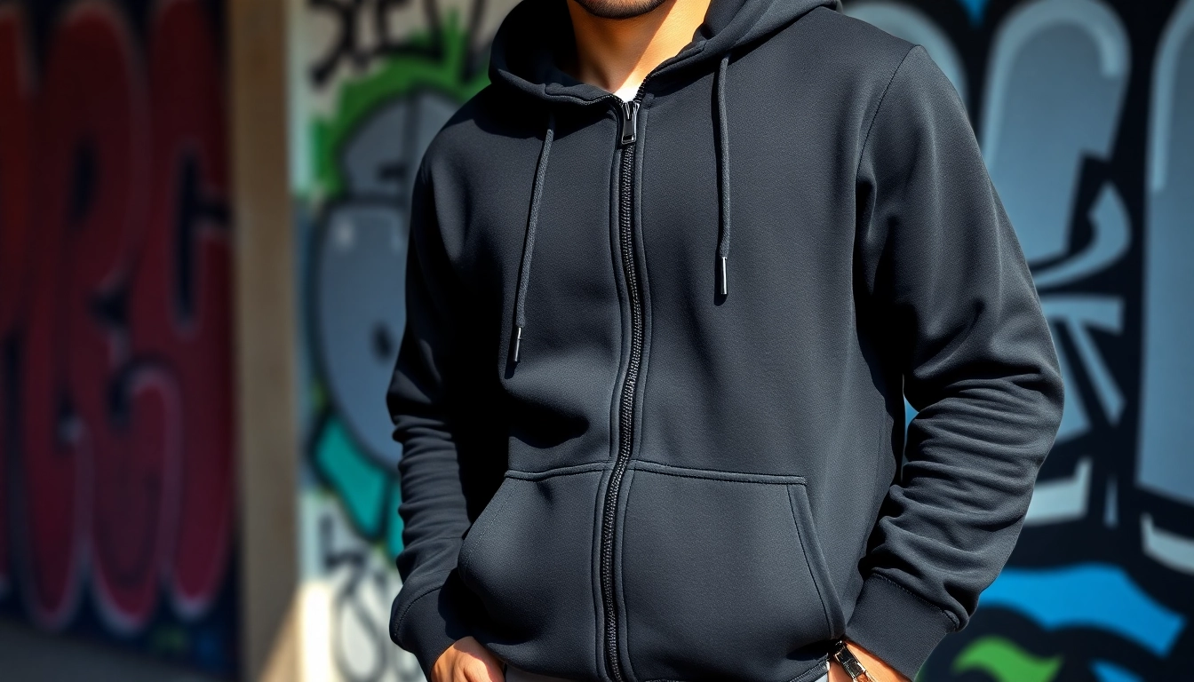 Model wearing a stylish black zip up hoodie against a vibrant urban backdrop.