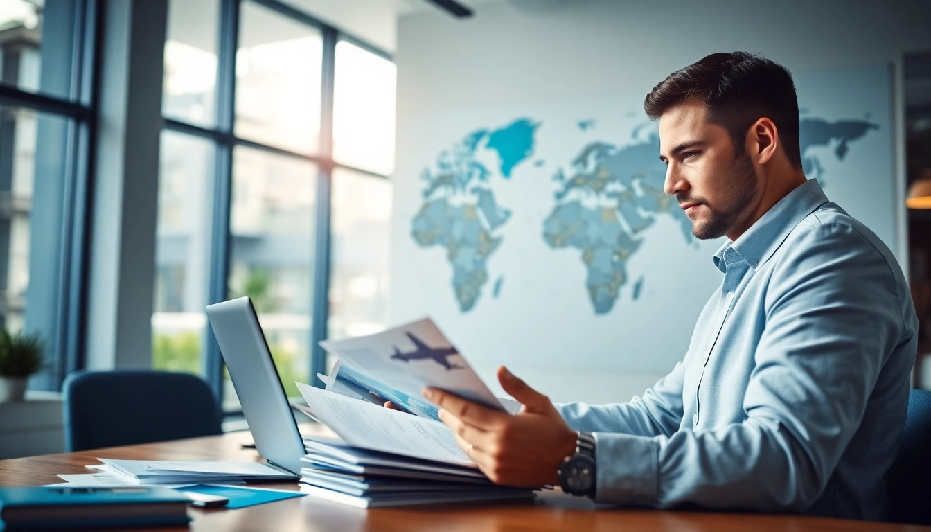 Optimize corporate travel arrangements with a professional consultant reviewing options in an office
