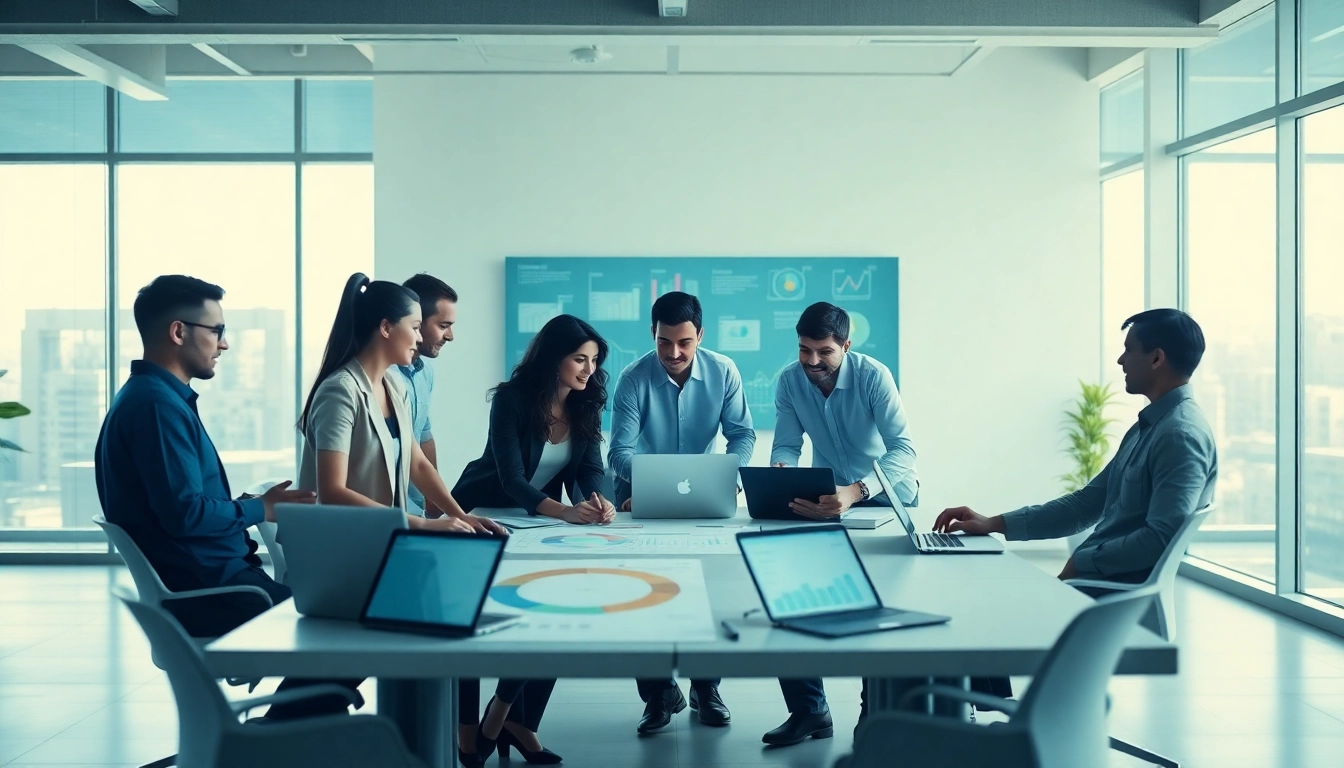 Engaged team of a search optimization company discussing strategies in a vibrant office.
