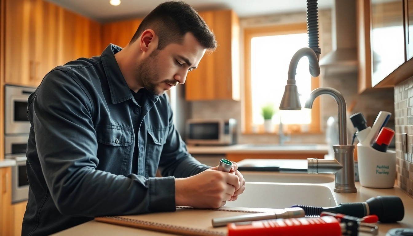 Skilled plumber working on plumbing wake forest service in a modern kitchen.