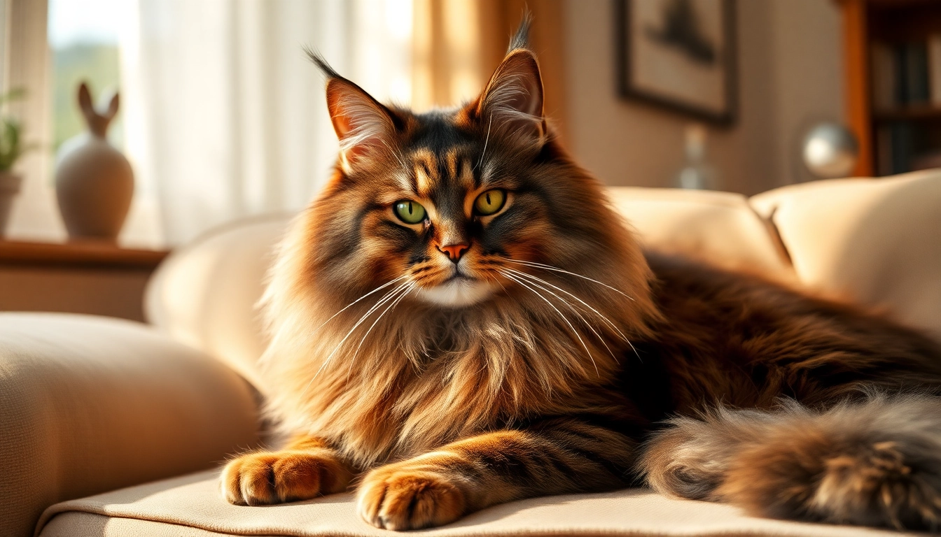 Maine Coon cats for sale Sacramento showcasing a majestic cat relaxing in a sunlit living room.