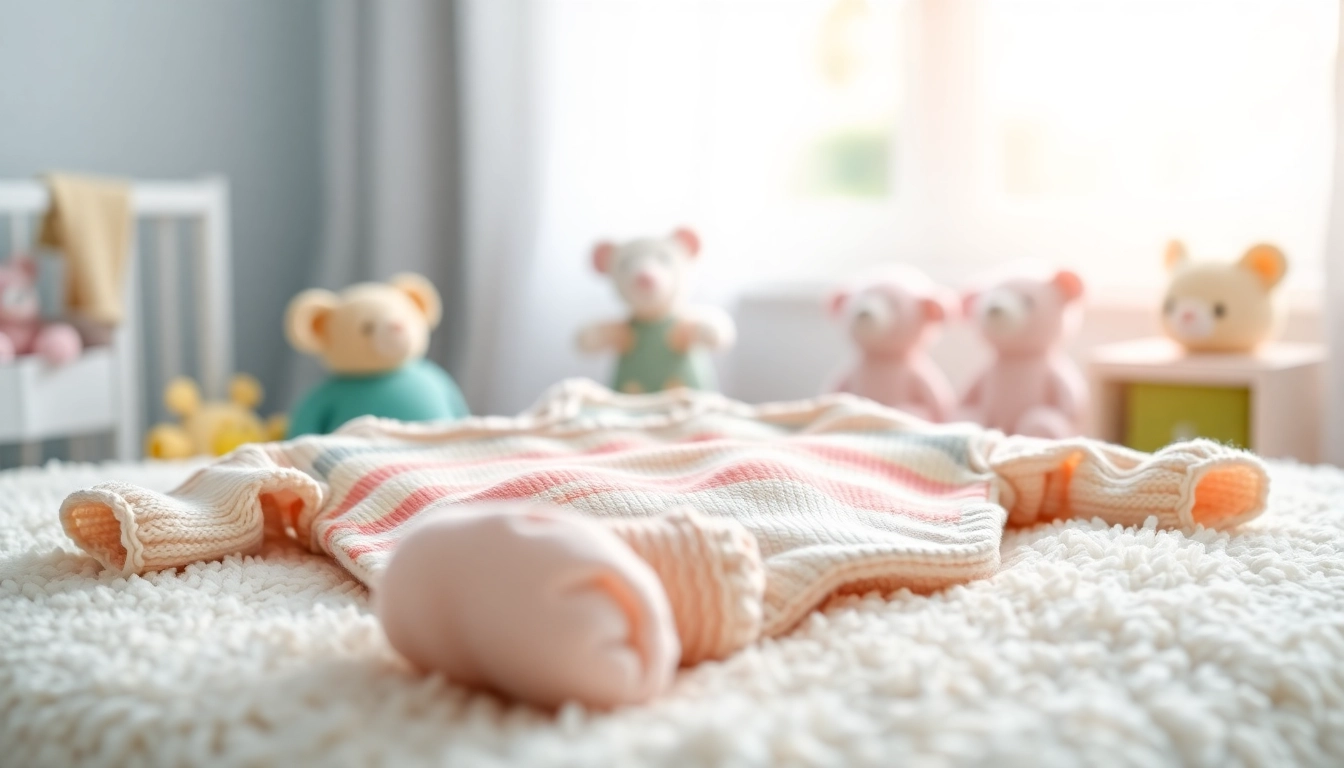 Discover beautiful baby clothes showcased on a plush blanket in a warm nursery setting.