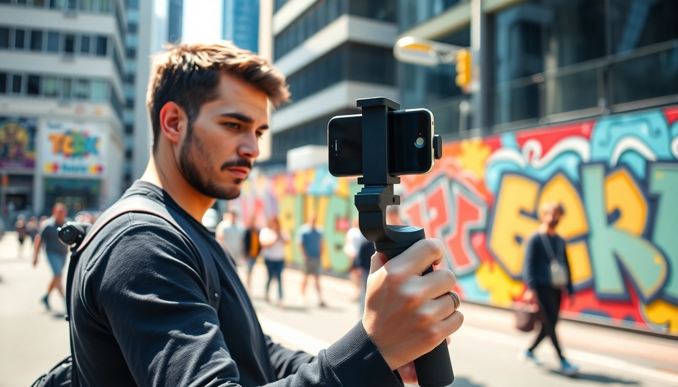 Capture of a videographer using a gimbal for iPhone in an urban environment, focusing on high-quality filming.