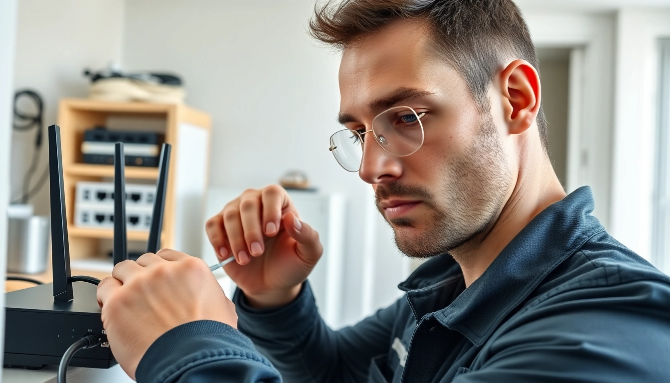 Install fiber optic internet berkeley with a focused technician in a modern home environment.