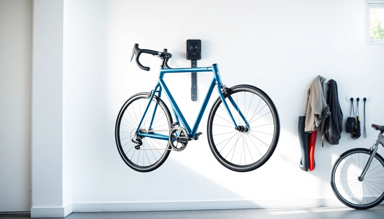 Bike wall mount showcasing a modern design while holding a colorful road bike in an organized garage.