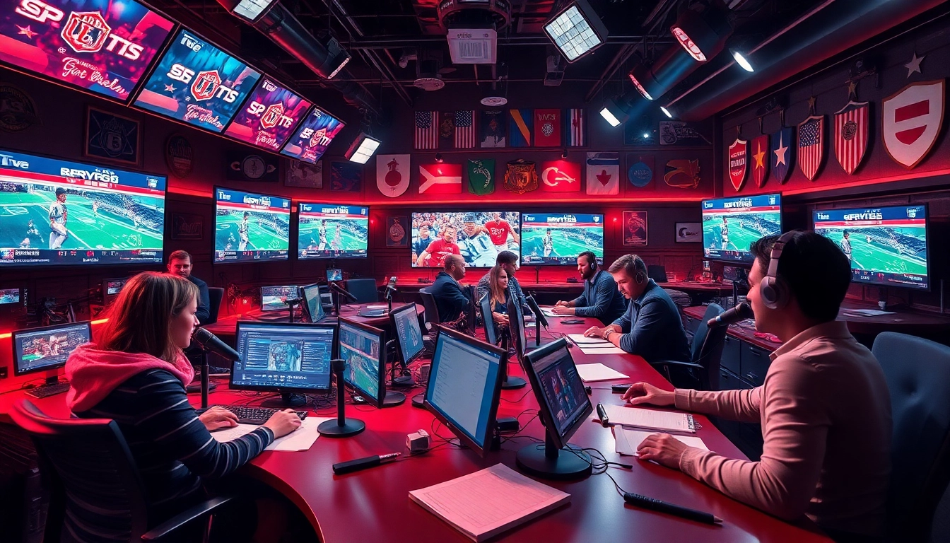 Engaging sports newsroom scene at dailysport.co.uk with journalists, memorabilia, and vibrant atmosphere.