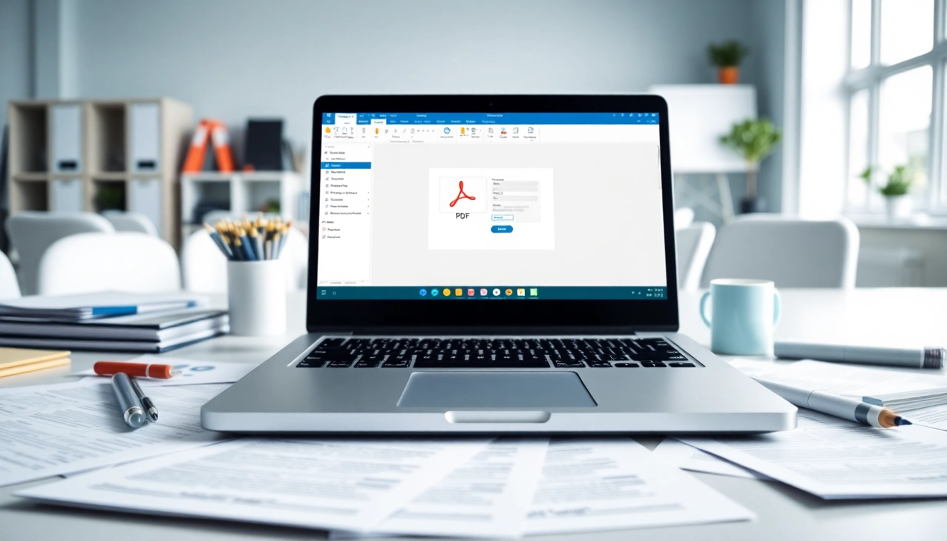 Merge PDF free tool on a laptop amidst documents in a bright office.