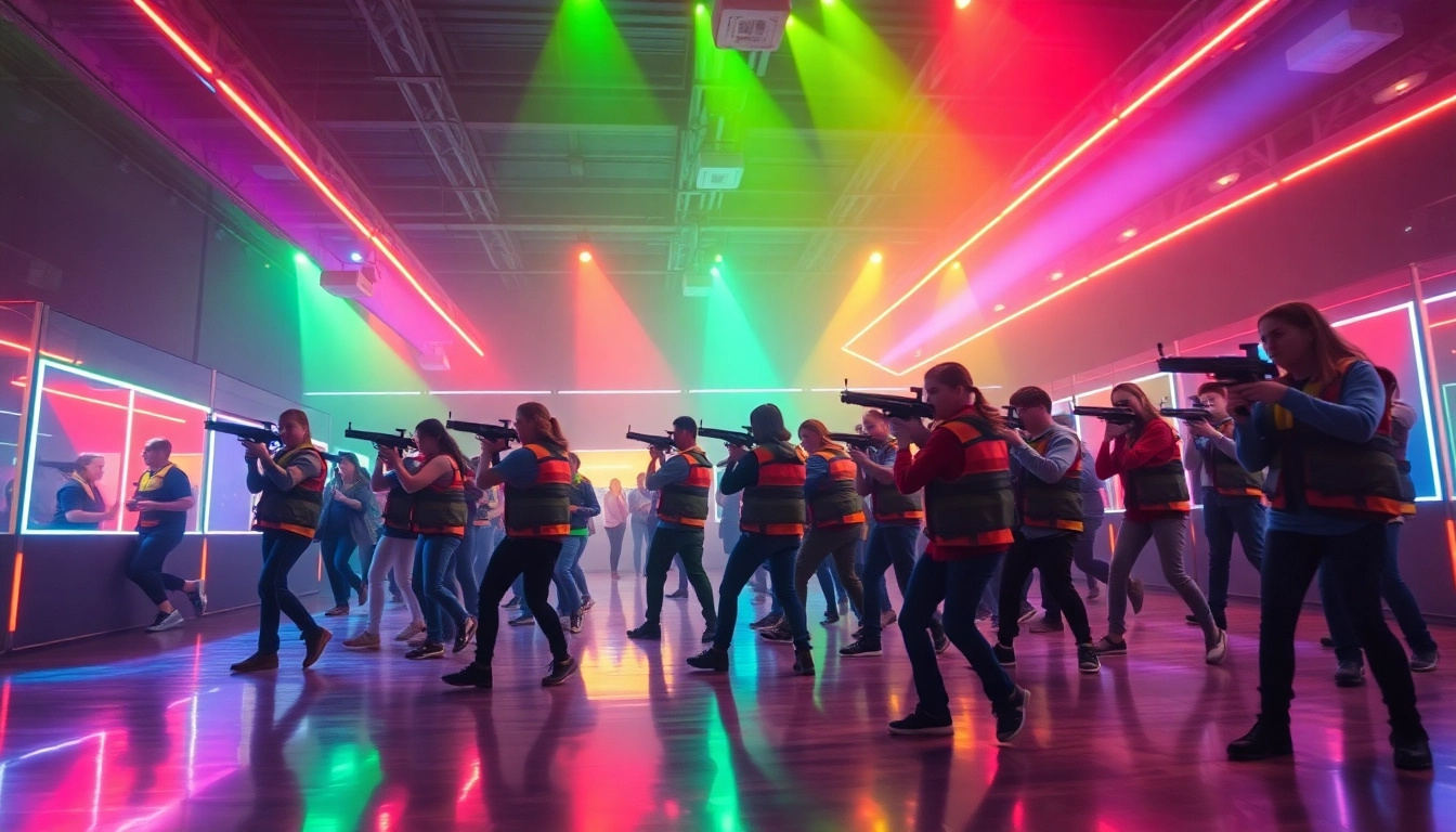 Engaging laser tag players in an exciting arena filled with vibrant color lights.