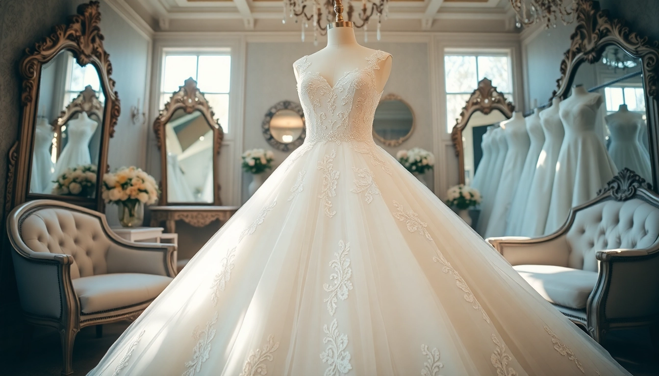 Admire this stunning Ball Gown Wedding Dresses featuring intricate details and luxurious fabric in a boutique setting.