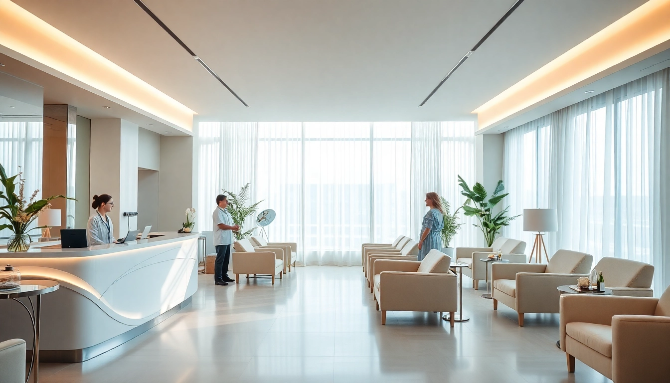Welcoming reception area of a medical spa with friendly staff and serene atmosphere.