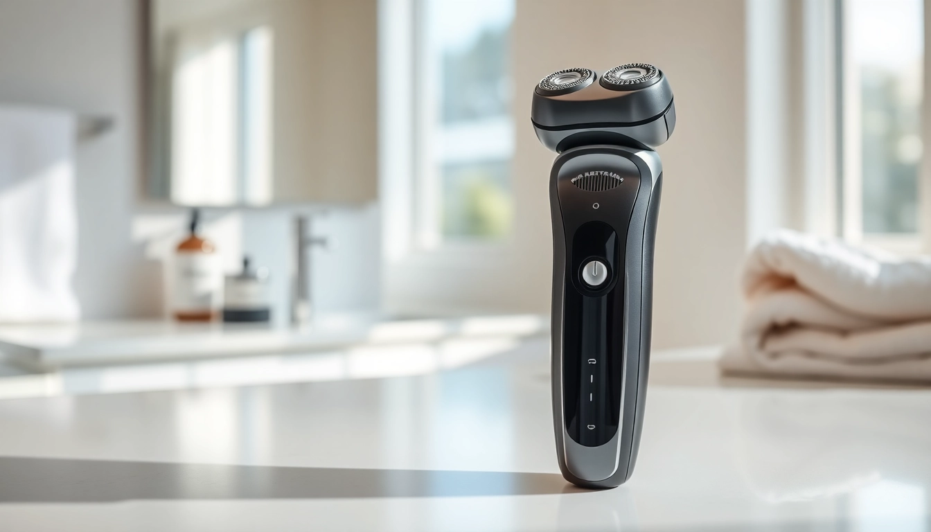 Showcasing an electric shaver for sensitive skin with a sleek design and ergonomic features.