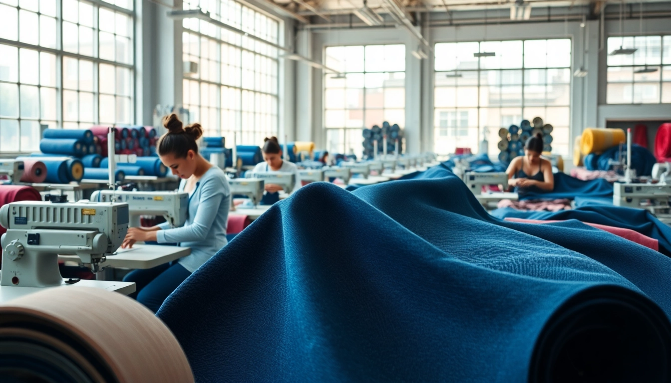 Jeans cloth manufacturers showcasing skilled artisans working with colorful denim in a vibrant factory.