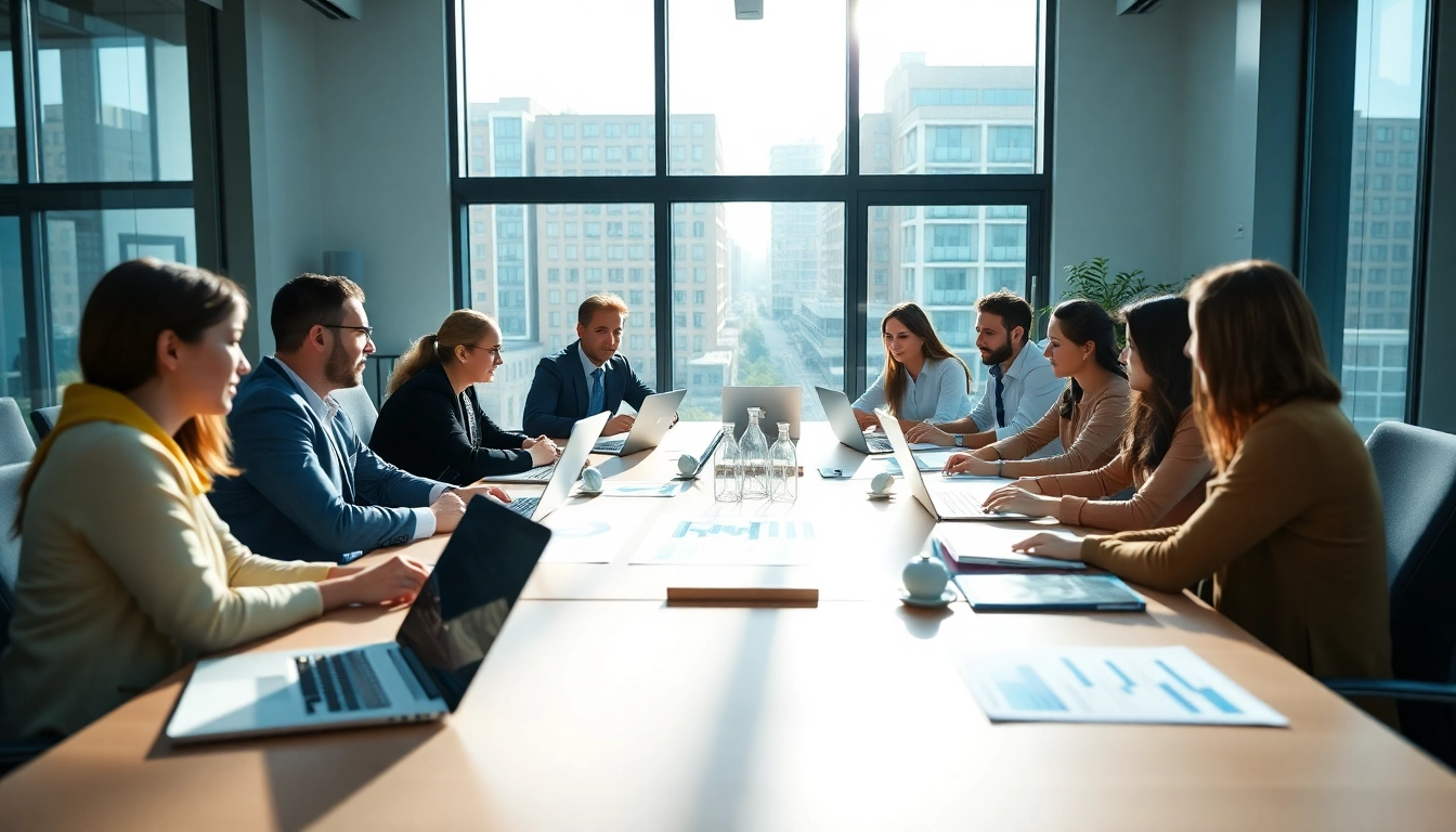 Leverage teamwork in a modern office setting during a business strategy meeting.
