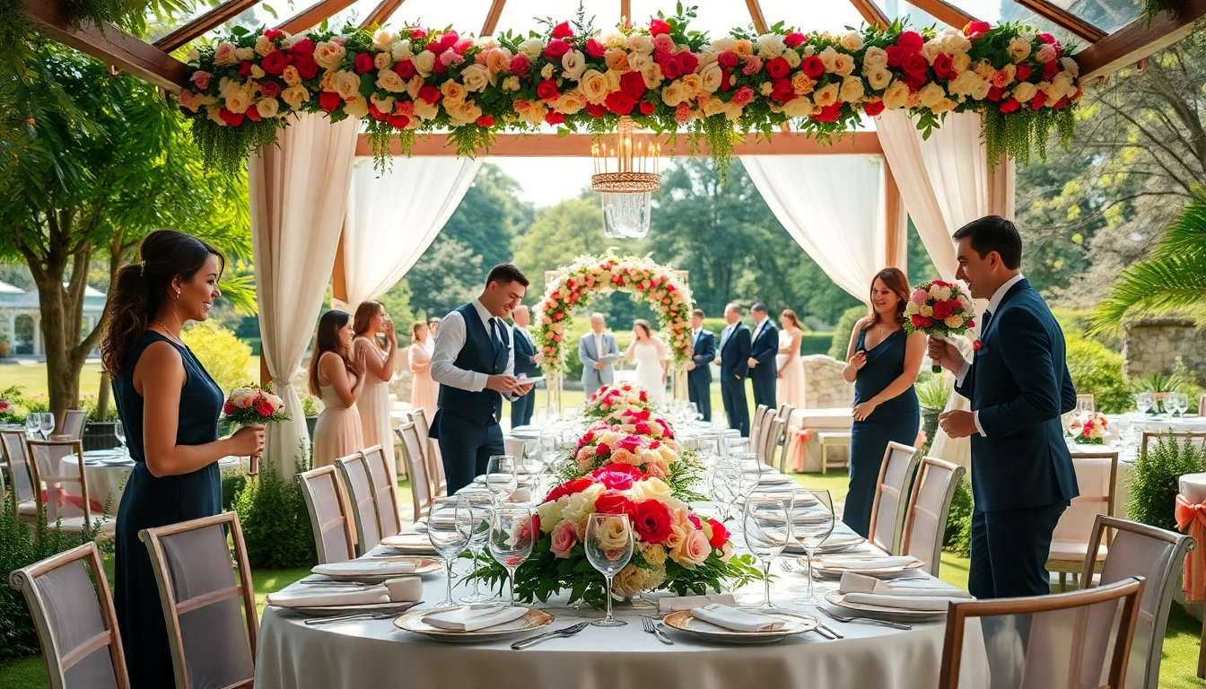 Event management company staff coordinating a beautiful wedding setup in a lush garden.