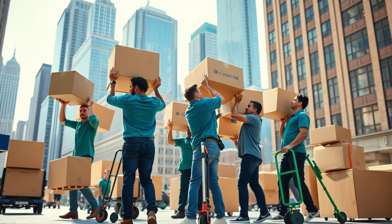 NYC movers performing efficient packing in a vibrant urban environment with teamwork.