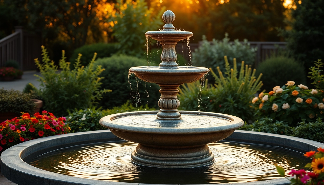 Aménager une belle décoration de fontaine dans un jardin luxuriant pour une ambiance relaxante.