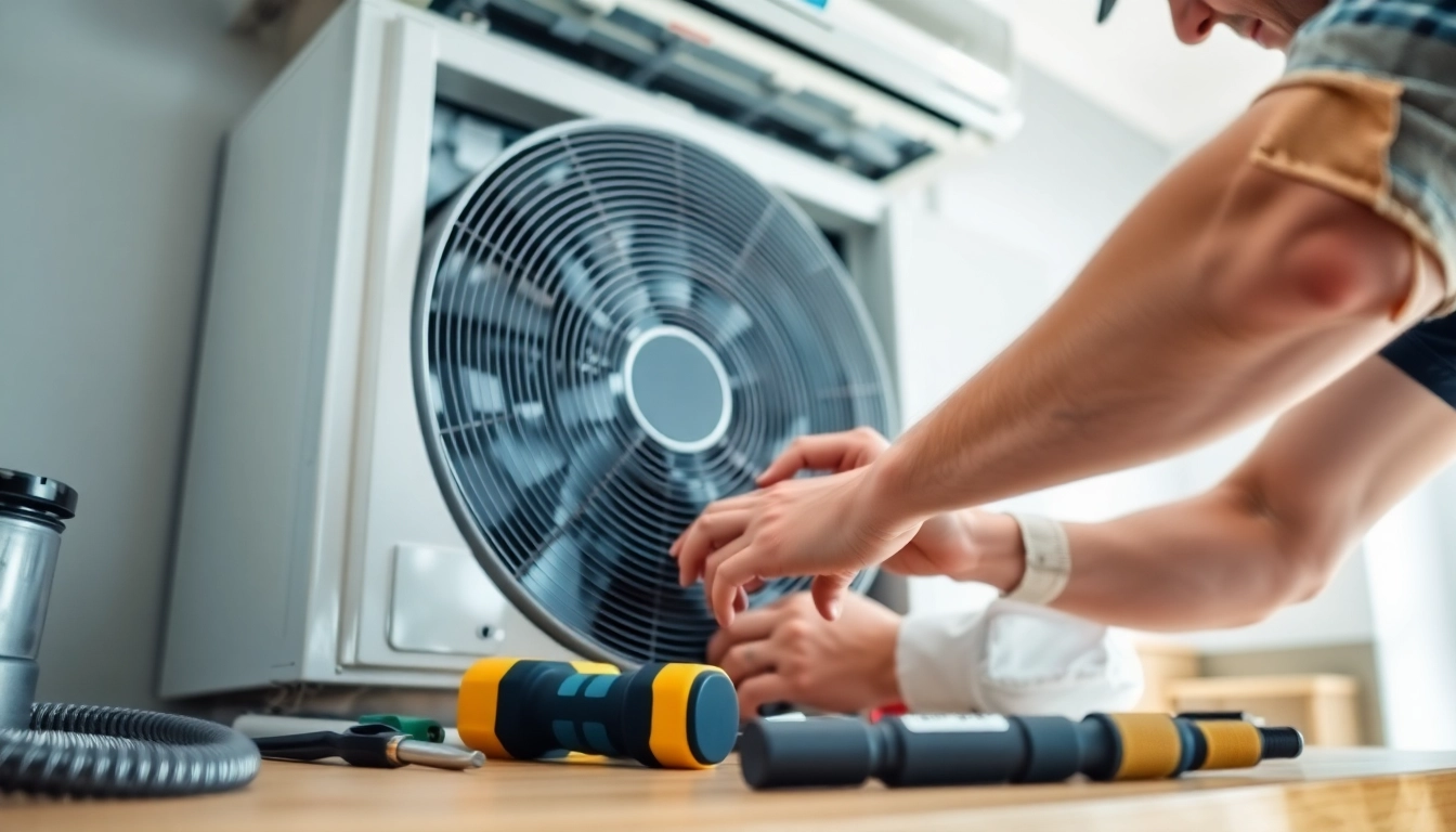 Technician performing Air Conditioning service with precision in a bright home environment.
