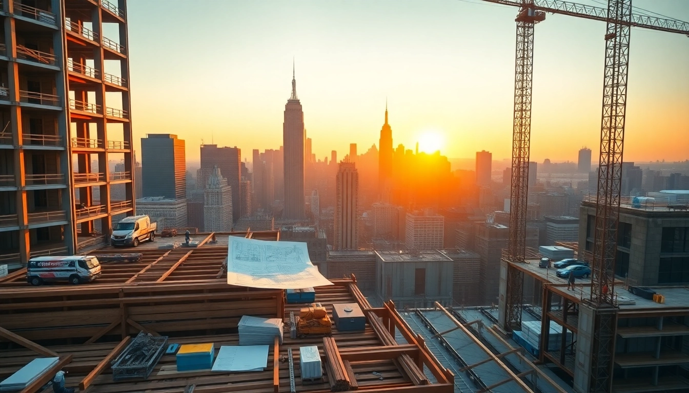 Showcasing a Manhattan Commercial General Contractor at work with cranes and a modern building.