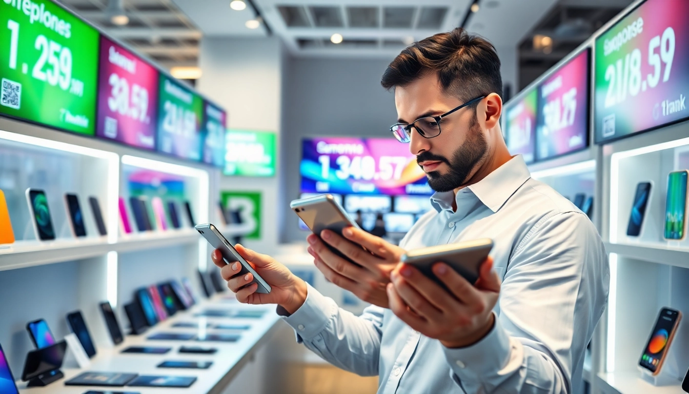 Evaluate smartphones higher than ecoATM price in a modern retail environment with bright lighting.