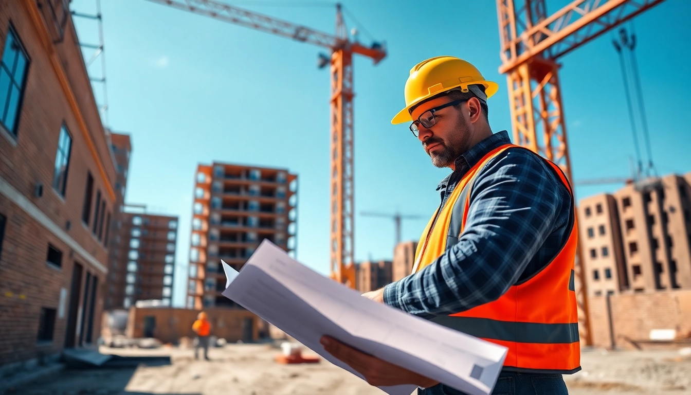 Highlighting a New Jersey Commercial General Contractor actively consulting blueprints on site.