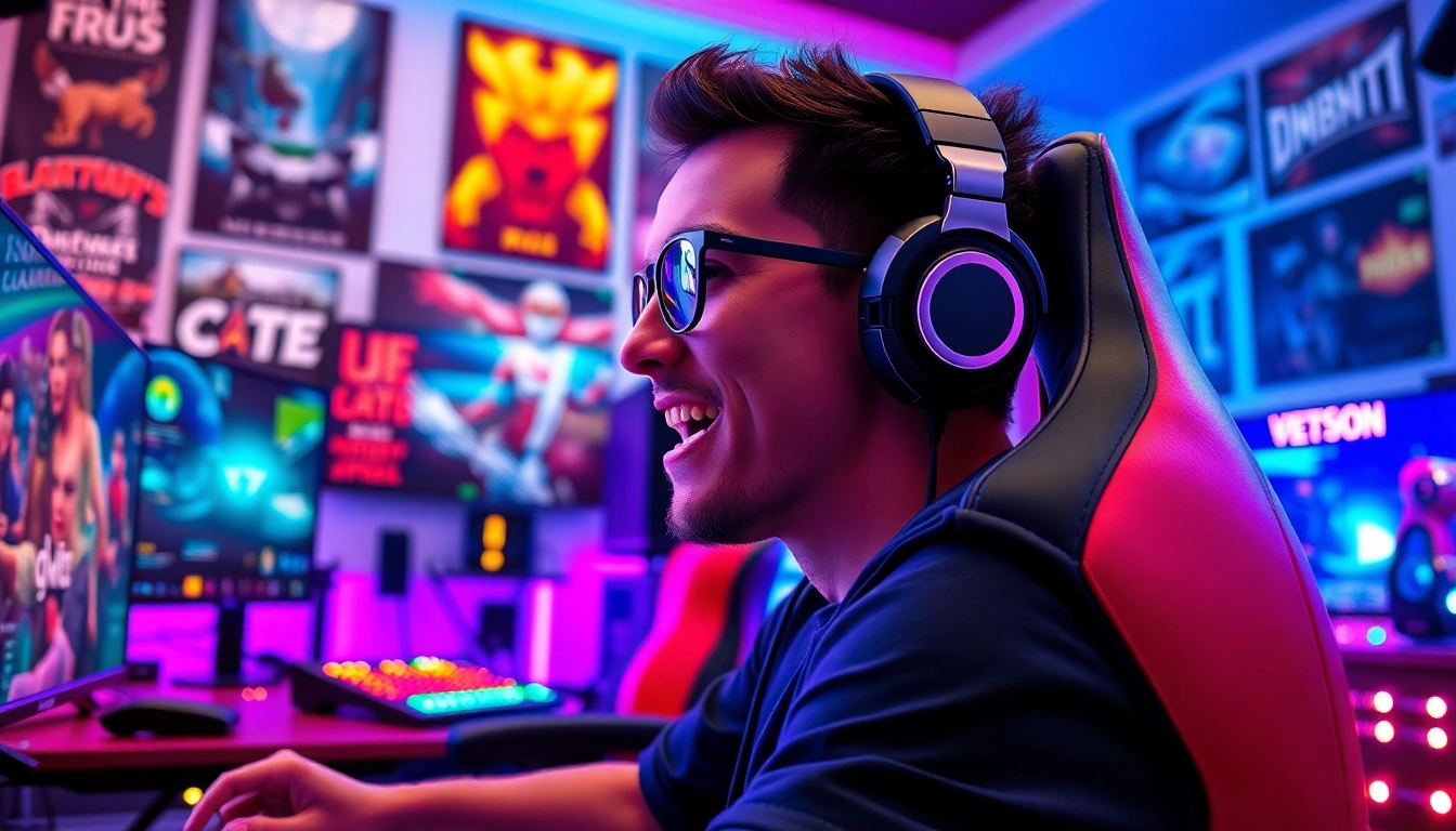 Gamer sedang menikmati permainan matador168 dengan semangat di ruang bermain yang hidup.
