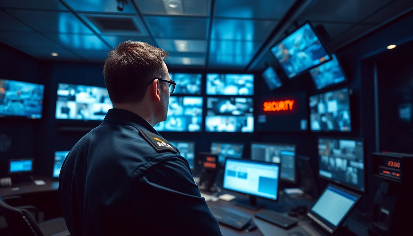 Monitor Physical Security with a dedicated officer observing surveillance in a modern control room.