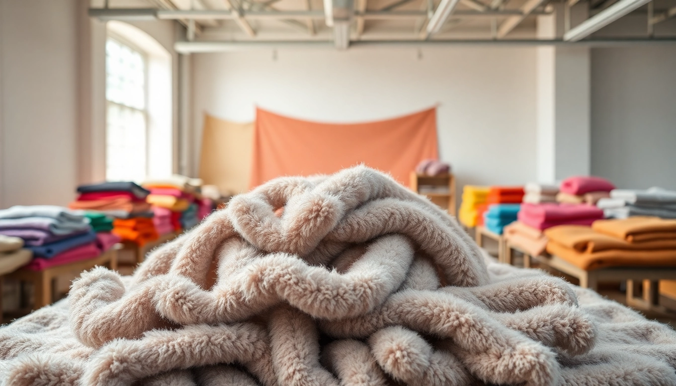 Fleece stof met diverse patronen en kleuren in een creatieve studio getoond.