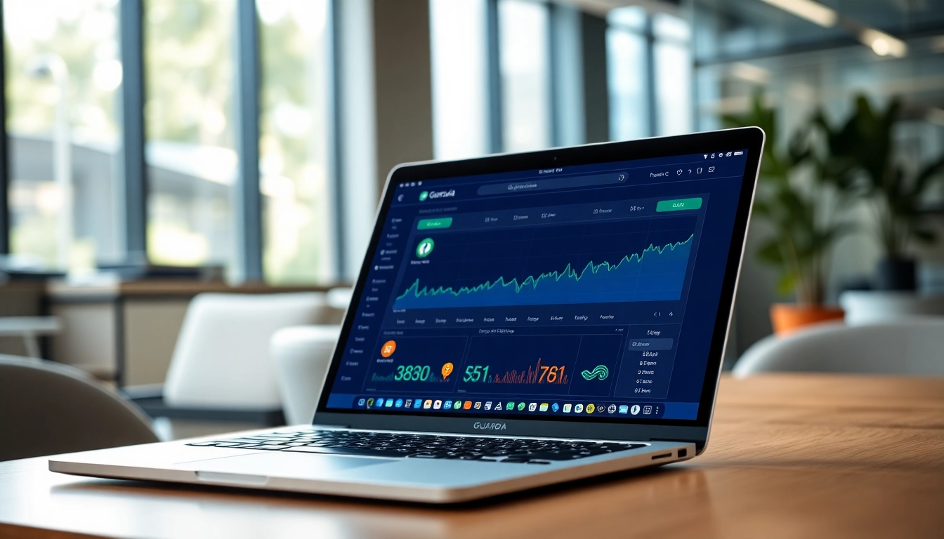 Showcasing the guarda wallet interface on a laptop with vibrant cryptocurrency icons.