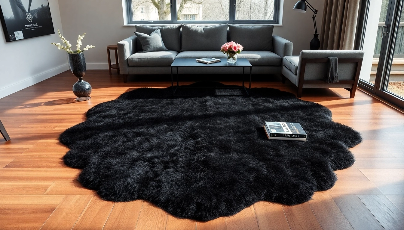 Showcasing a luxurious black sheepskin rug in a chic living room setting.