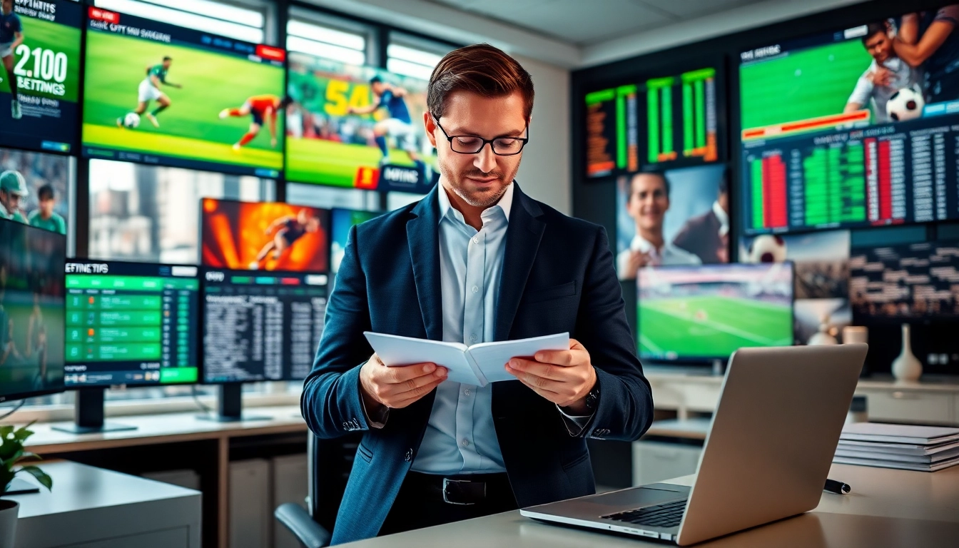 Analyzing Betting Tips with a sports analyst in a bright modern office.