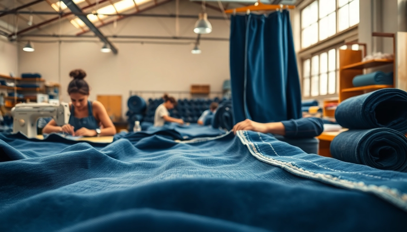 Artisans working on jeans in a fabric manufacturing workshop showcasing jeans cloth manufacturers.