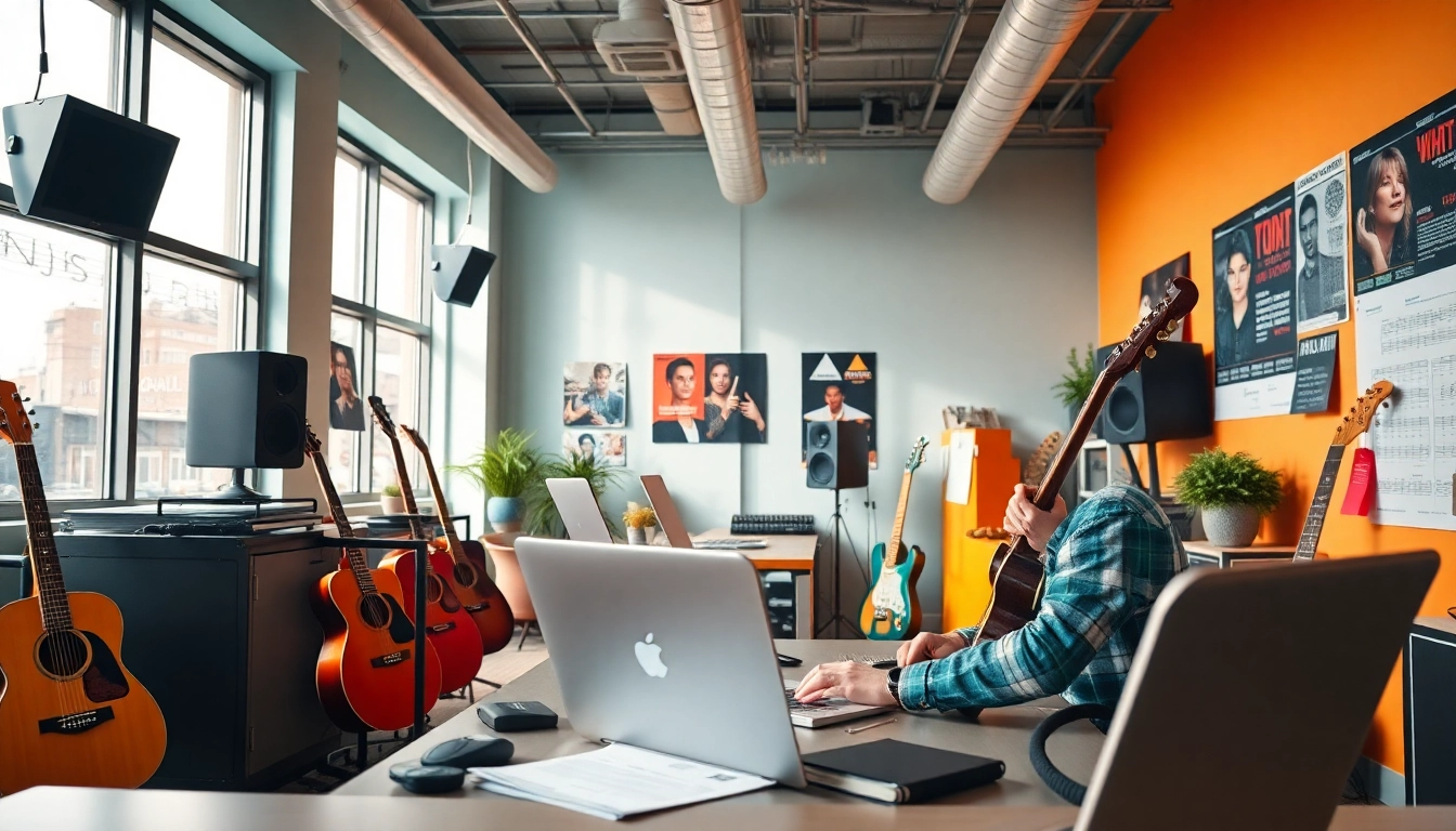 Showcasing the best music pr company with a professional expert working in a vibrant office.