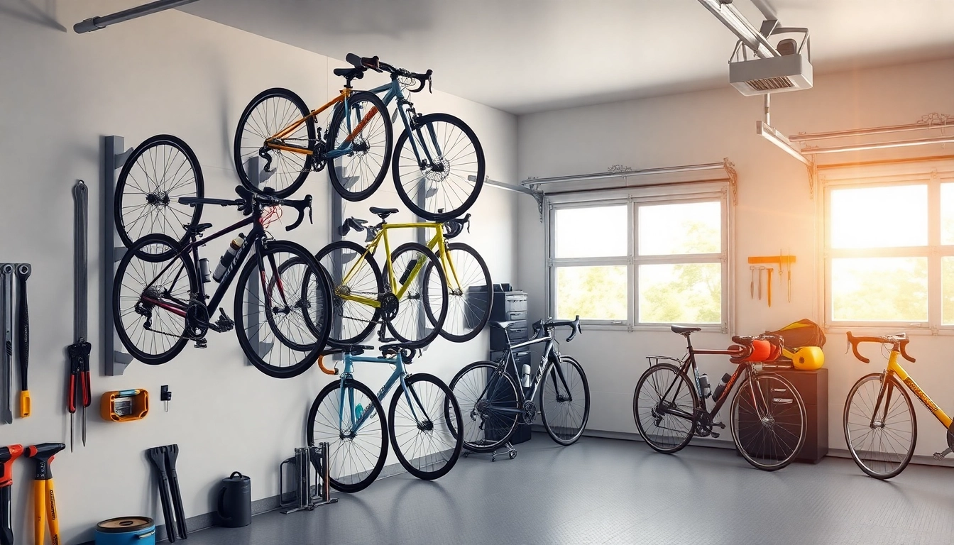 Organized wall-mounted bike storage showcasing multiple bikes for efficient garage use.