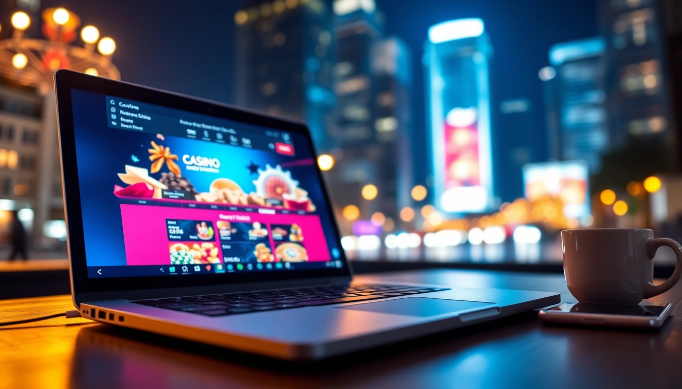 Engaging casino affiliate marketing scene with a laptop showcasing online casino content.