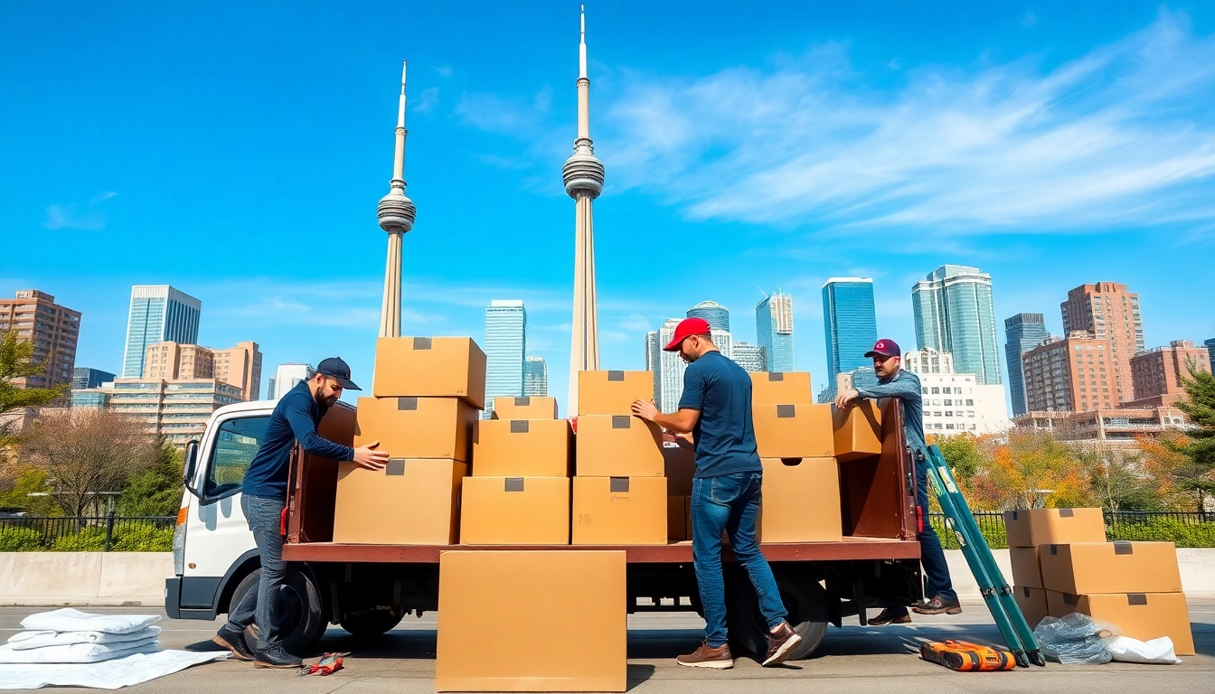 Movers efficiently arranging boxes in a truck, showcasing moving companies in Toronto Ontario services.