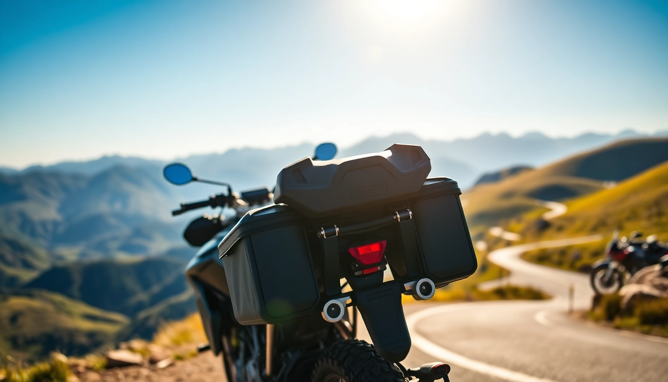 Panniers for pannier racks showcased on a motorcycle in a scenic mountain landscape.