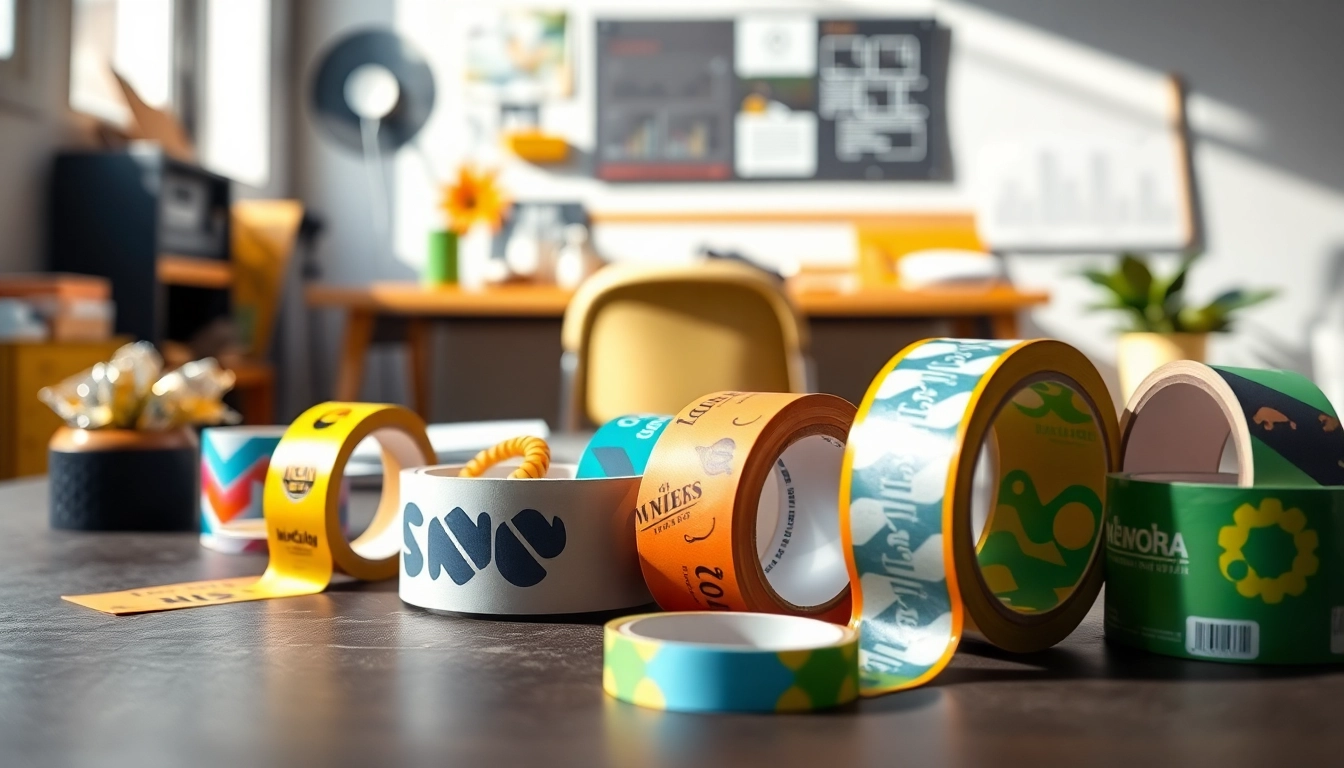 Custom tape showcasing vibrant designs and branding in a creative workspace.