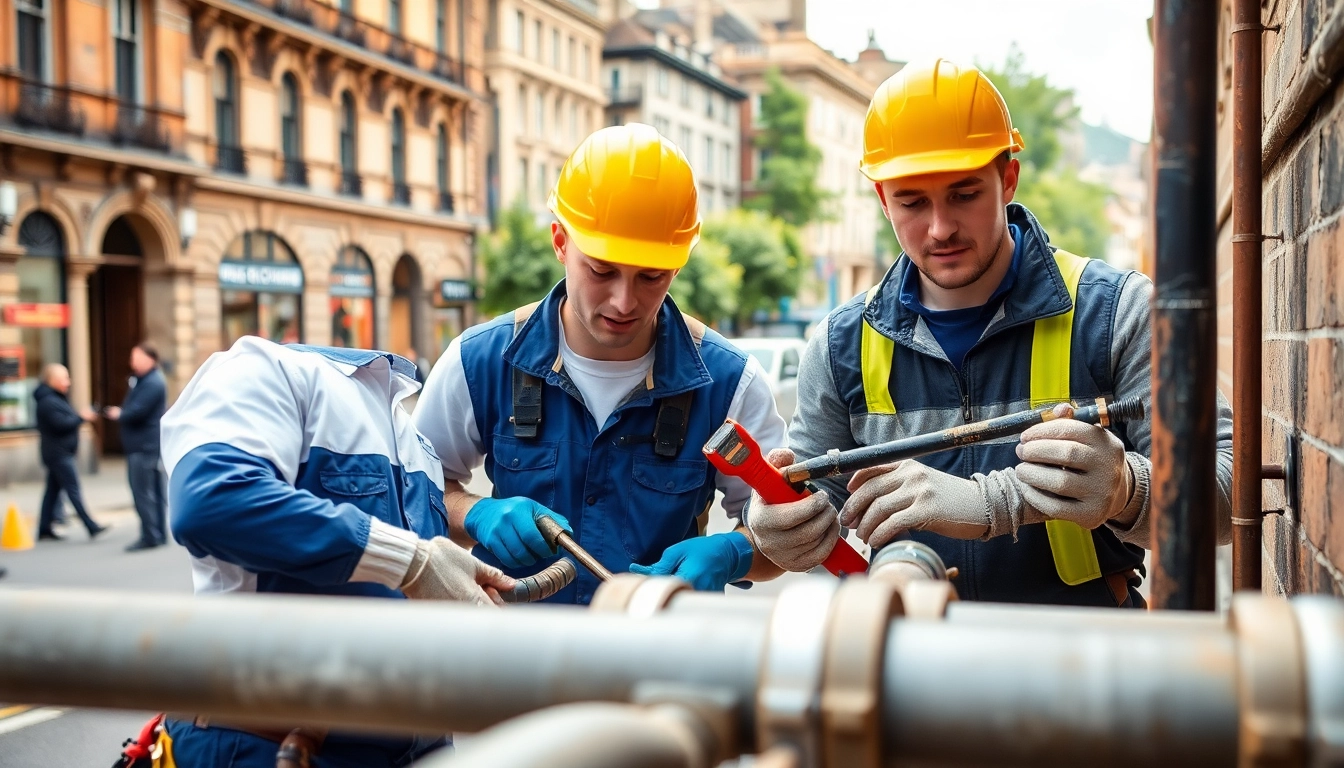 Plumbers in Bristol inspecting pipes with tools in a vibrant urban setting.