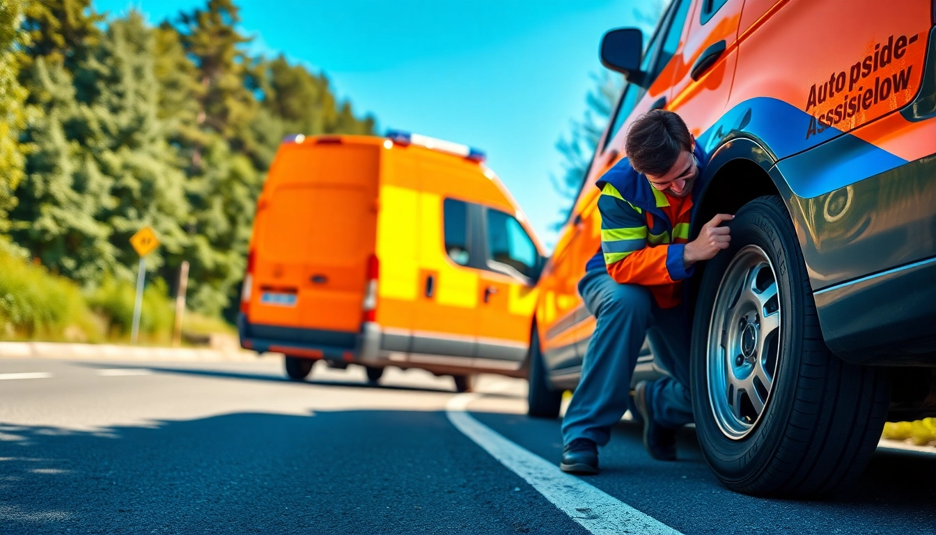 Usługa auto pomoc Mikolow z profesjonalnym technikiem obsługującym samochód na drodze.
