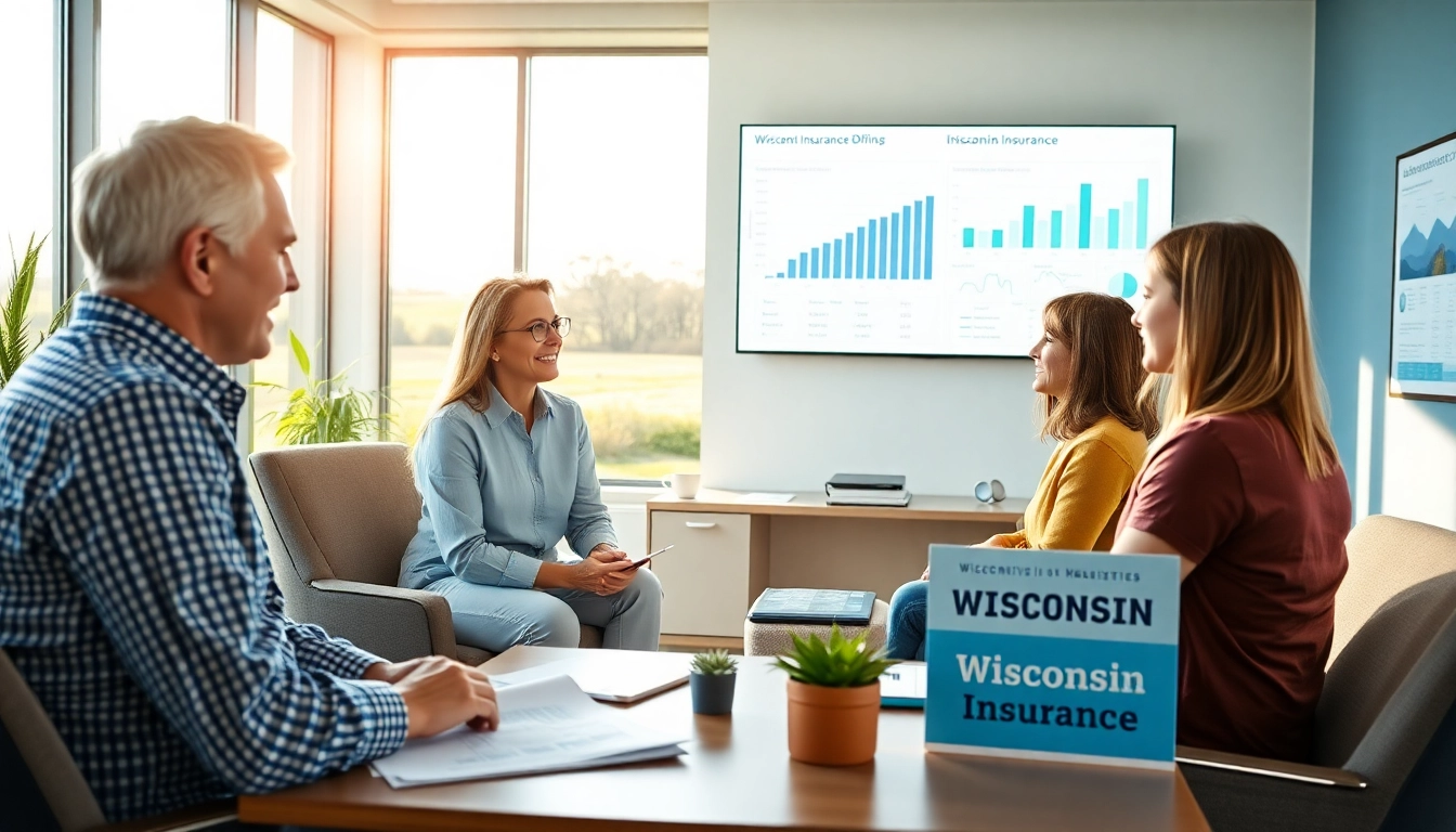 Families discussing Wisconsin insurance options with a professional agent in a bright office.