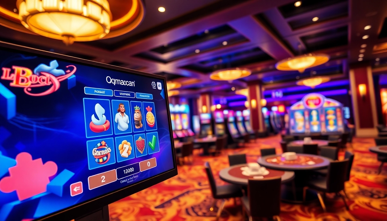 Menggambarkan permainan qqmacan slot dalam lingkungan kasino online modern yang mewah dengan grafis yang menarik.