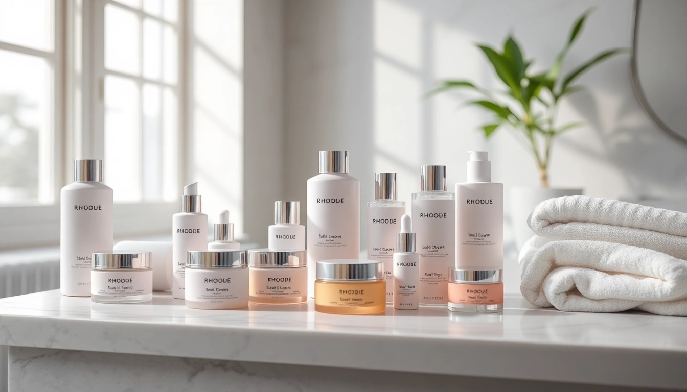 Showcase of Rhode Beauty products elegantly arranged in a minimalist bathroom setting.