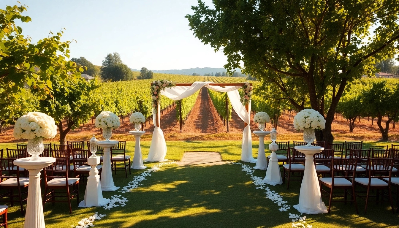 Showcase Clarksburg Wedding Venues with elegant outdoor setup surrounded by lush vineyards.