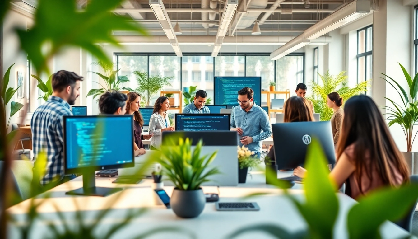 WordPress agencies collaborating in a vibrant office environment with screens and discussions.